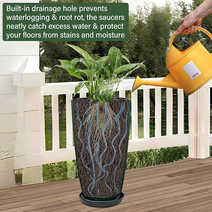 Neoaider 24/21/12 Inch Large Plastic Planter, Lightweight Ceramic-Look Tall Planters with Drain Hole & Saucers, Tall Plastic Planters for Porch, Garden, Patio, Balcony(Dark Green)