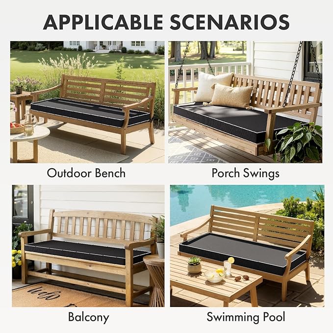 MIULEE Black Outdoor Bench Cushion 48x18x3 Inch Waterproof 3-Year Color Fastness Patio Furniture Cushions for Porch Swing, Garden Bench Sofa Couch with Adjustable Ties No Slip Design
