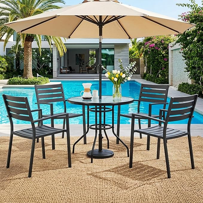 VINGLI Round Patio Table with Umbrella Hole, 32" Outdoor Dining Table Steel Tempered Glass Patio Tables Round Outdoor Tables for Balcony Garden Deck