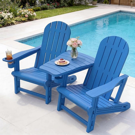 Vongrasig Adirondack Chairs Set of 2 with Removable Tabletop, Outdoor HDPE Plastic Fire Pit Chair Set with Wooden Textured, Cup Holder for Patio, Poolside, Deck, Garden, Light Blue, 3 Pieces