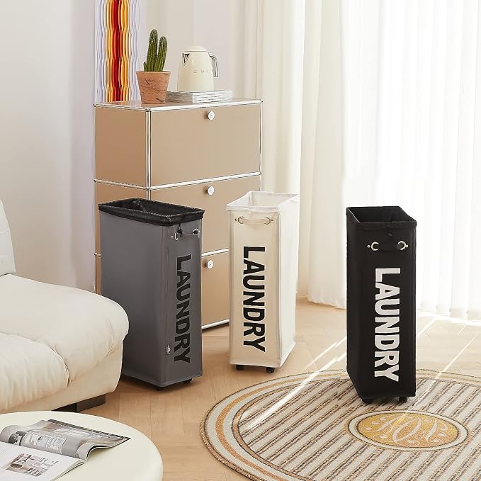 DOKEHOM 29" Enlarged Slim Rolling Laundry Basket Hamper on Wheels, Beige | Collapsible tall laundry hamper with removable mesh wash bag. Foldable narrow corner clothes storage bin for small spaces