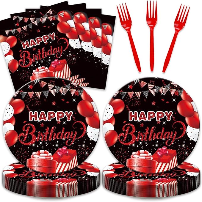 48Pcs Red and Black Birthday Decorations,Birthday Party Supplies Plates Napkins and Forks Set for Men Women，Serves 16
