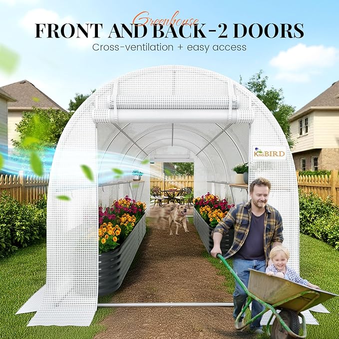 KING BIRD Premium 15x7x7 FT Greenhouse for Outdoors, Large Walk-in Heavy Duty Galvanized Steel Frame, Mesh Door Screen Window Tunnel Hoop Garden Plant Winter Hot House with Storage Shelves, White