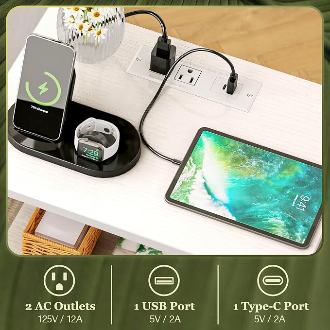SUPERJARE Nightstand Set of 2 with Charging Station, USB-C Port, End Tables