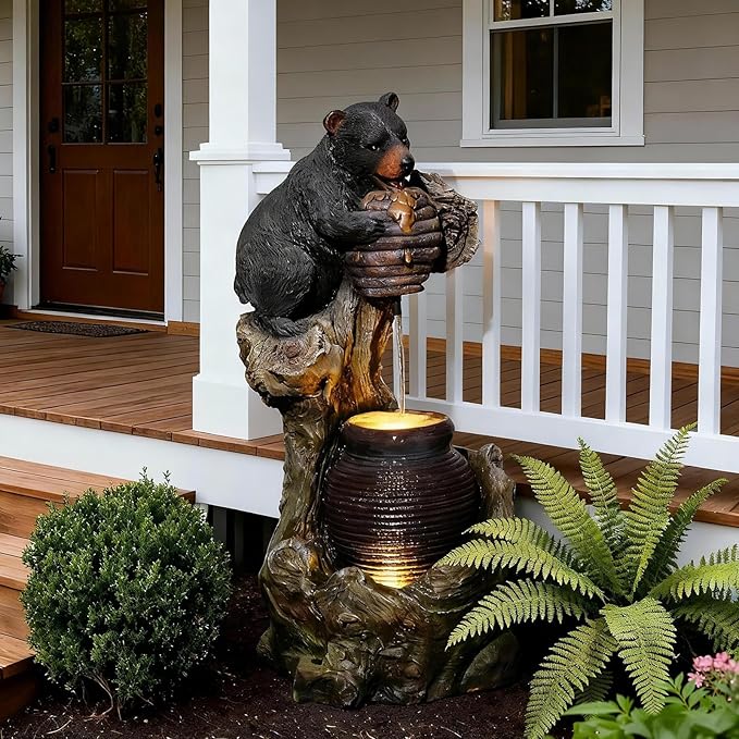 Sunlinua 33" H Bear Outdoor Water Fountain, Decorative Resin Water Fountain with LED Lights, Garden Waterfall Fountains Indoor and Outdoor for Patio, Porch, Courtyard, Home Decor