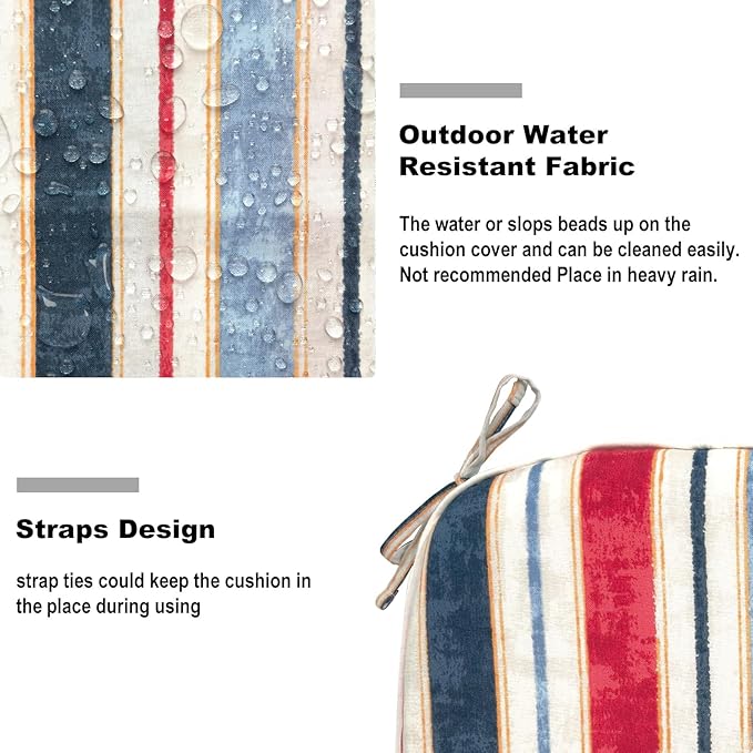 DYTXIII Set of 2 Outdoor Chair Cushions with Ties,Water Repellent Patio Chair Pads 17"x 16" for Outdoor Furniture,Round Corner Seat Cushions for Garden Yard Kitchen Stripe Red Blue