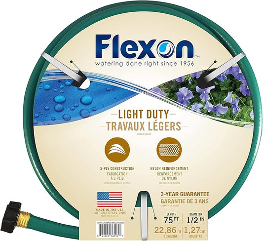 Flexon 1/2" x 75ft Light Duty Garden Hose – Lightweight, Flexible, Kink-Resistant, Durable Vinyl, Leak-Proof Couplings, Weather-Resistant Water Hose for Lawn, Garden, and Outdoor Use
