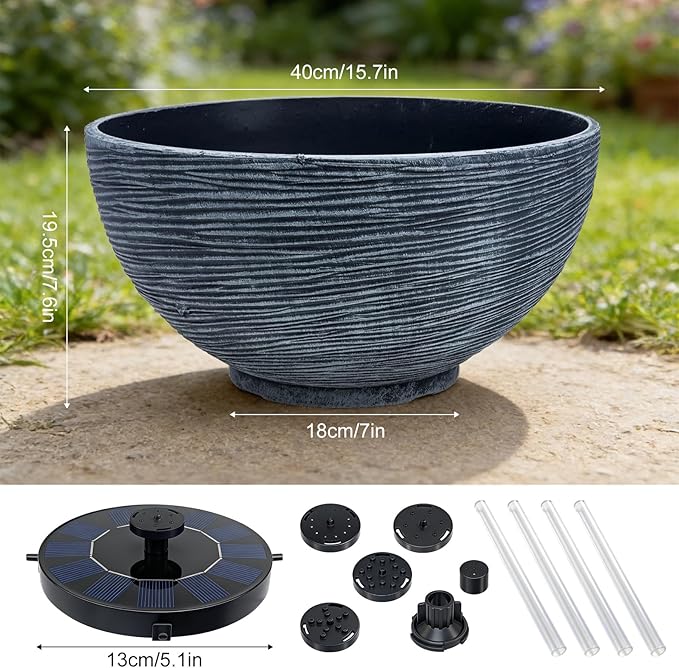 Solar Fountain Bird Bath Set, 15.7in Resin Lotus Bowl with 5.11in Solar Fountain Panel & 3 Fake Lotus Flowers, Durable Outdoor Garden Decor, Water Fountain for Birds, Patio & Yard
