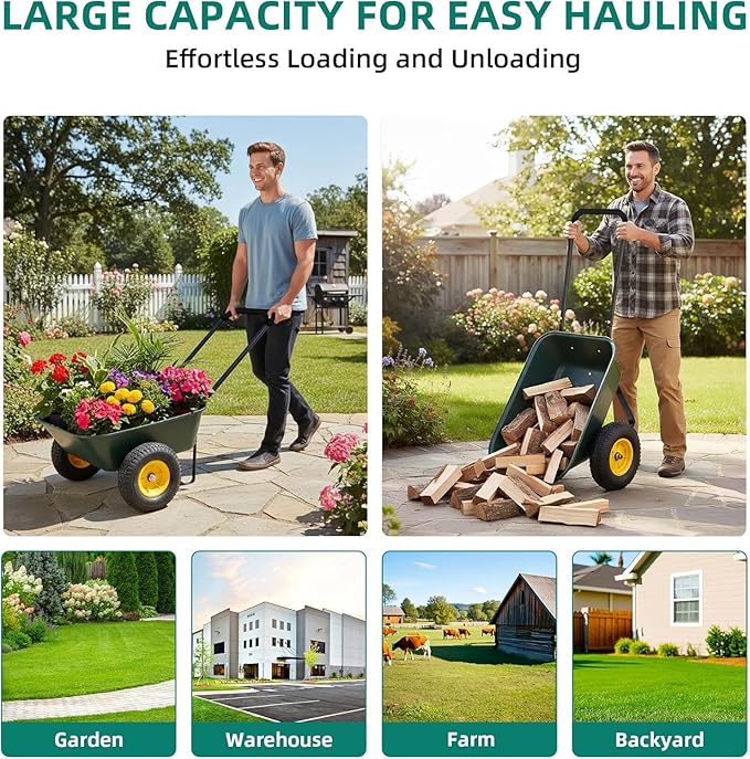 2 Wheel Wheelbarrows, Dual-Wheel Garden Dump Cart with 10" Non-Slip Pneumatic Tires & Ergonomic Padded Handle, Heavy-Duty Utility Yard Cart Wagon with 3 Cu Ft Capacity for Lawn, Gardening,Farm