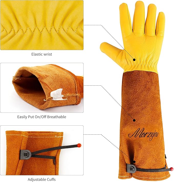 Morzejar Professional Gardening Gloves for Men&Women, Rose Pruning Gloves Thorn Proof, Adjustable Cuff, Breathable Leather Cowhide Long Garden Gloves,Garden Gifts & Tools for Gardener,Yard Work