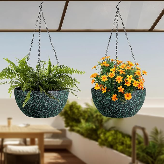 Meowell 8 inch Small Hanging Planters for Indoor Outdoor Plants, 2 Pack Hanging Flower Pots with Drainage Holes and Chain, Plastic Hanging Baskets for House Plants, Black with Green Speckles