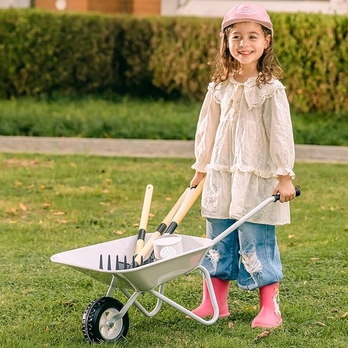 ROBOTIME Outdoor Mud Kitchen for Kids, Kids Wheelbarrow with Gardening Set – Metal Wheelbarrow Toddler Outdoor Play Toy with Garden Tools