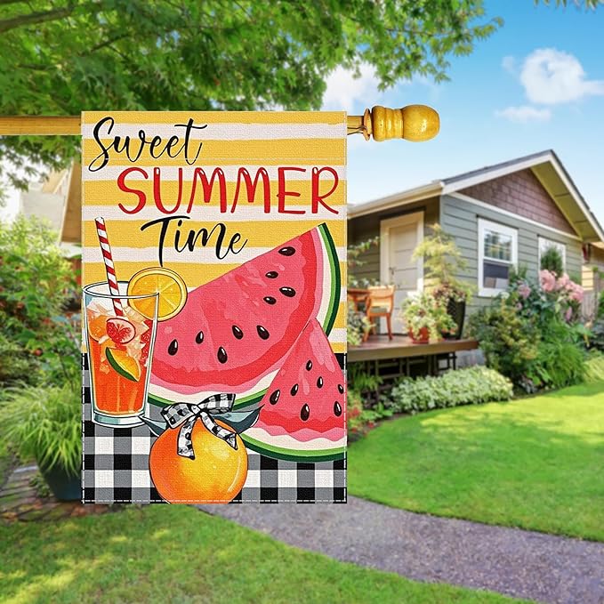 Sweet Summer Time Garden Flag Watermelon Buffalo Plaid 28 X 40 Inch Welcome Small Flags for Outside, Fruit Double Sided Burlap Juice Lemon Holiday Seasonal Banner Farmhouse Outdoor Yard Decoration