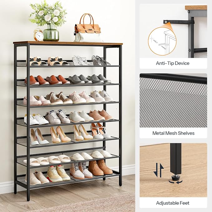 HOOBRO Shoe Rack for Entryway, 8-Tier Shoe Shelf, Large Capacity Shoe Storage Organizer for 32-40 Pairs of Shoes, Front Door Entrance, Hallway, Closet, Space Saver, Rustic Brown and Black BF118XJ01