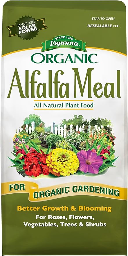 Espoma Organic Alfalfa Meal Fertilizer 2-0-2. All-Natural Plant Food Source of Nitrogen and Potassium for Organic Gardening. Use for Roses, Flowers, Veggies, Trees & Shrubs. 3 lb. Bag.
