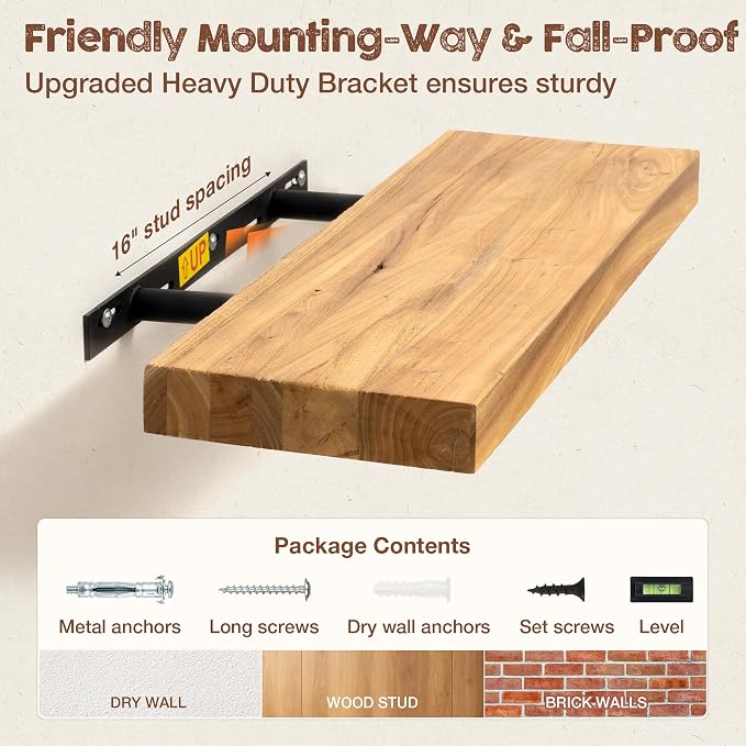 fuqing Floating Shelves for Wall, 24 Inch Rustic Solid Elm Wood Shelves