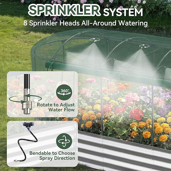 Lineware Raised Garden Bed with Self-Watering System, 8x3x1 ft Elevated Planter Boxes Outdoor with Mesh Cover, Oval Galvanized Raised Beds for Gardening,Vegetables,Flowers, Backyard, Patio