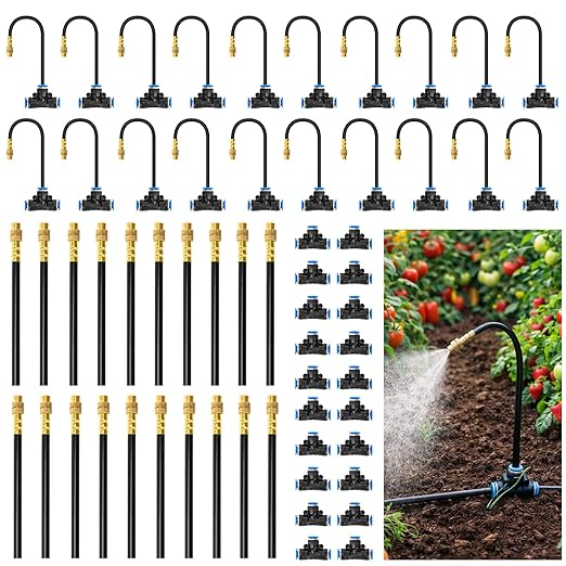 MIXC 20pcs 360° Adjustable Drip Irrigation Nozzles for 1/4" Drip Irrigation Tubing, Only 20pcs Flexible Misting Copper Nozzles and Quick-Connect Three-Way Tubing Fittings