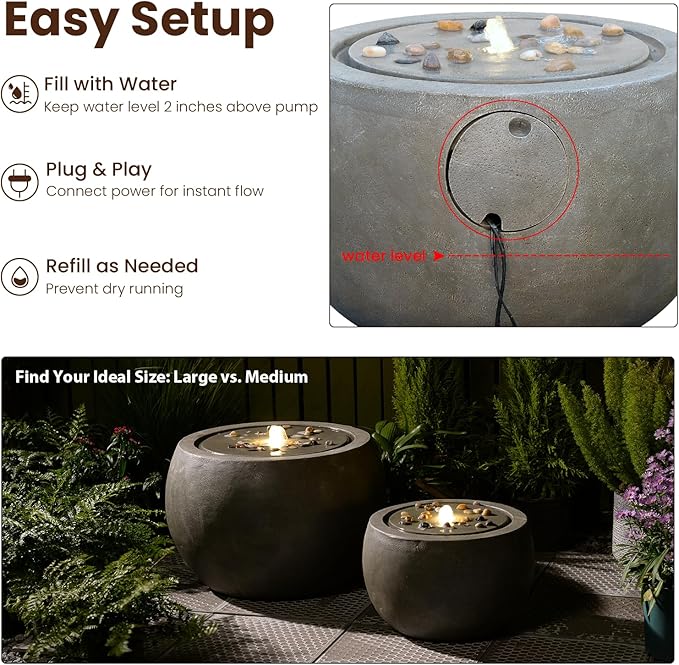 Tankana Garden Water Fountain Outdoor Large Round Bubbler Water Feature Indoor with Lights & Pump and Pebbles Concrete Effect for Patio Pool Pond Yard Home Decor Gray, 25 "L X 25" W X 17.5" H