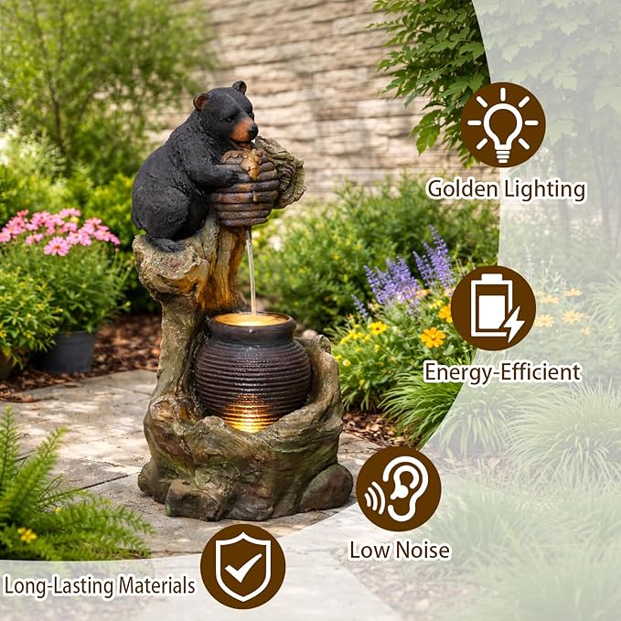 Sunlinua 33" H Bear Outdoor Water Fountain, Decorative Resin Water Fountain with LED Lights, Garden Waterfall Fountains Indoor and Outdoor for Patio, Porch, Courtyard, Home Decor