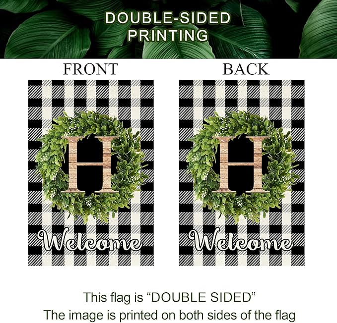 Baccessor Monogram Letter H Garden Flag 12.5 x 18 Inch, Buffalo Plaid Family Last Name Initial Boxwood Wreath Welcome Vertical Double Sided Small Flags for Outdoor Outside Decoration