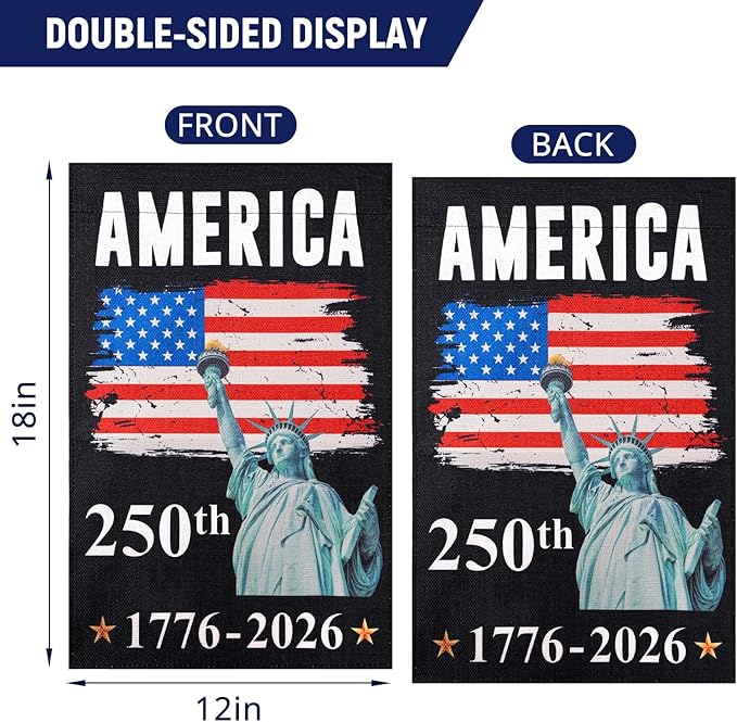 250th Anniversary American Flag - 12x18 Inch Double Sided Outdoor Patriotic Garden Flag with Liberty Design, 4th of July Decorations for US 250th Celebration, 1776-2026 Independence Day Patriotic Flag