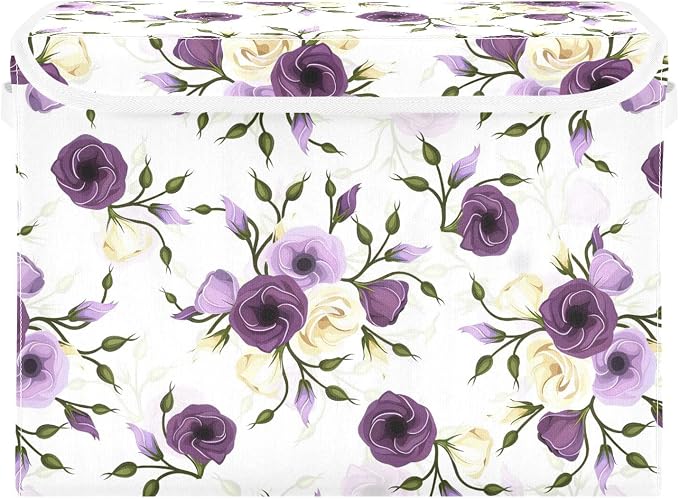 senya Flower Baskets Collapsible Storage Bins with Lids, Purple Green Rose Flower Storage Boxes Clothes Baskets for Organizing