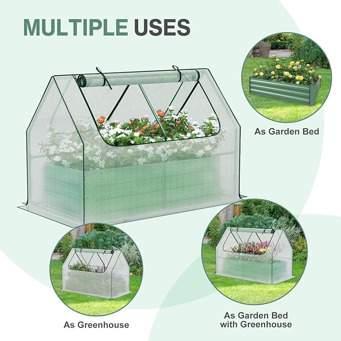Aoodor Raised Garden Bed Kit, 4x2x1 FT Galvanized Planter Box with PE Cover, Screen Windows for Gardening, White
