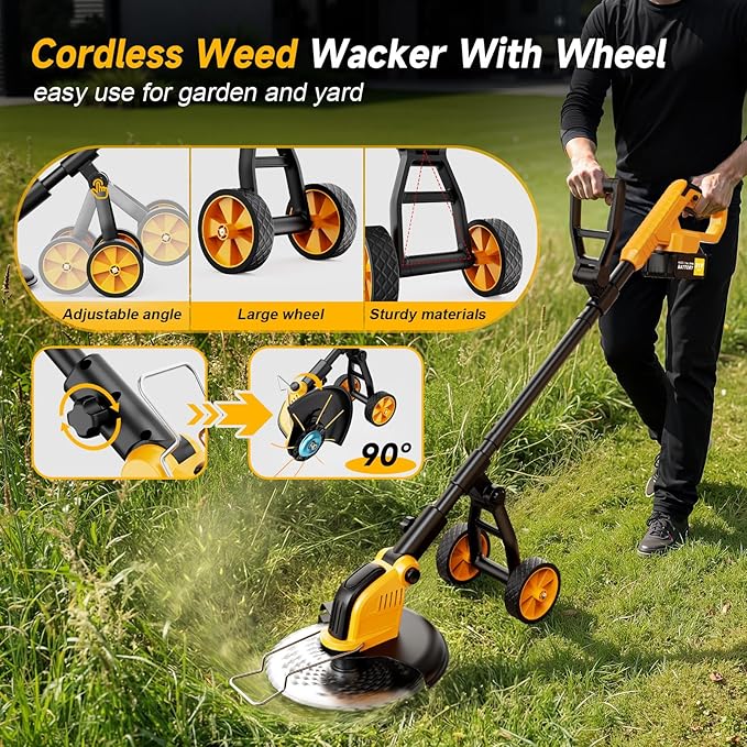 4-in-1 Electric Weed Wacker Cordless Edger Trimmer Brush Cutter, 20000RPM Weed Eater Battery Powered, Heavy Duty/Weed Trimmer/Lawn Mower W/Wheel Metal Blade, 2 Battery Garden