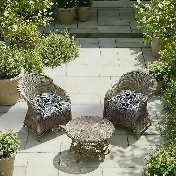 DYTXIII Set of 2 Outdoor Chair Cushions 19"x19"x4", Water Repellent Tufted Patio Seat Cushions with Ties, Thick Replacement Pads for Wicker Dining Chairs, Patio Furniture, Flower Black