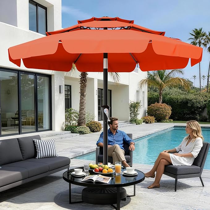 AreShark 9FT 3-Tiers Patio Umbrella with Valance, Outdoor Umbrellas with Crank/Tilt, Table Market Umbrella Vented w/ 8 Sturdy Ribs for Garden, Deck, Backyard, and Pool, Orange