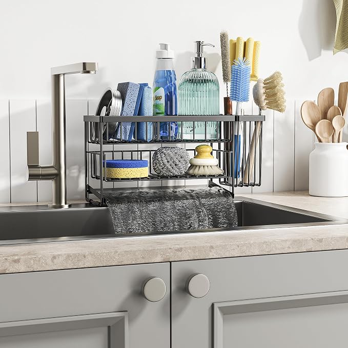 Cisily 2-Tier Kitchen Sink Caddy Organzier Rack with Dish Brush Sponge Holder