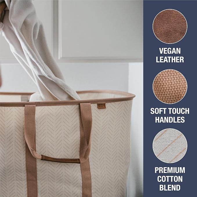 CleverMade Collapsible Laundry Tote LUXE, 50L Carry-All Tote, 2 Pack, Mocha | Bring a Polished Look to Laundry Day | Cotton-Blend Fabric and Vegan Leather Pair with Long Handles and 55 lb Support