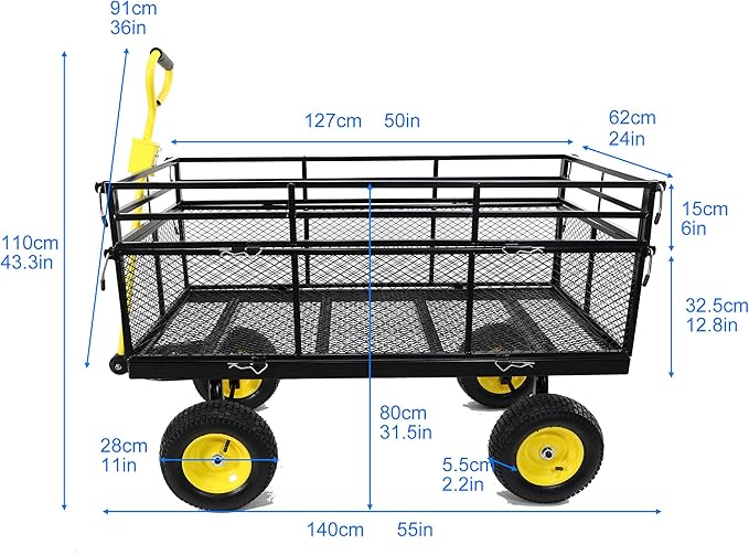 Steel Garden Cart 1100 lbs Capacity Heavy Duty Garden Wagons,with Removable Steel Mesh Sides to Convert into Flatbed,Utility Metal Wagon w/ 180°Rotating Handle (Big-Double-Layer-Pneumatic)