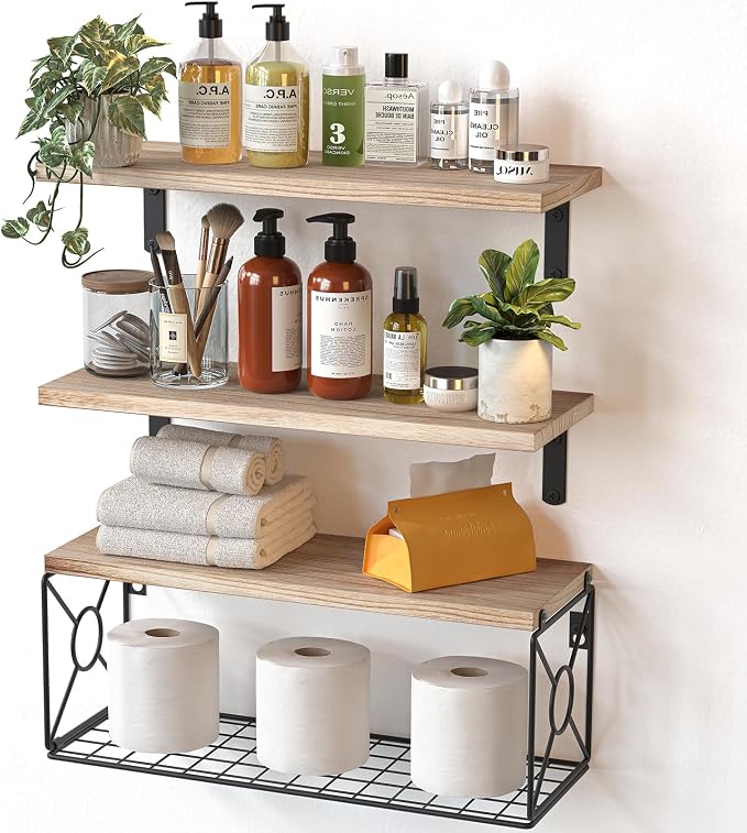 Amada Bathroom Shelves with Storage Basket, Set of 3, Natural Wood | Floating Wall Shelf for Home Organization & Wall Decor, 22 lbs Capacity per Shelf, Solid Paulownia Wood, DIY-Friendly Design