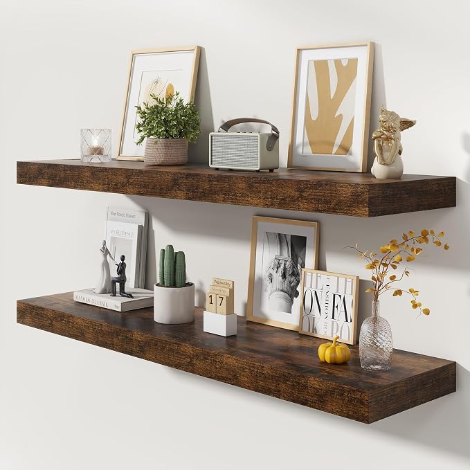 FLYJOE 48 Inch Floating Shelves, 12'' Deep Brown Shelves for Wall Set of 2