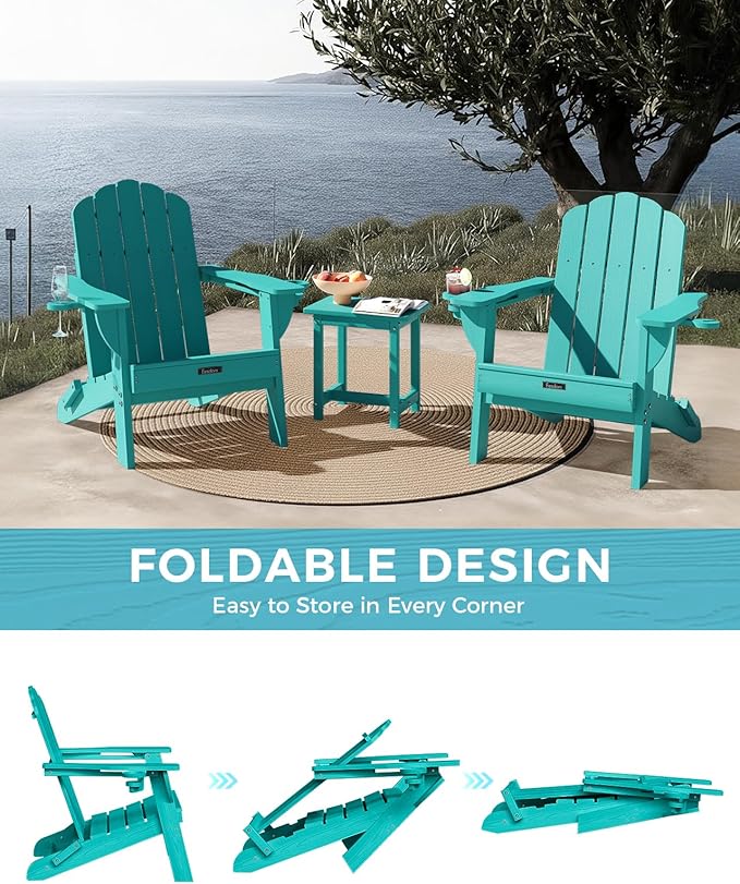 Adirondack Chairs Set of 2, Wood Texture Fire Pit Chairs, Plastic Adirondack Chairs with 2 Cup Holder, Outdoor Lawn Chair for Patio Garden, Lake Blue
