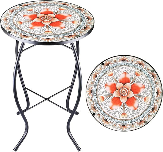Arbuxzuy 12 Inch Small Outdoor Side Table with Pink Flower, Glass Mosaic Patio Table Indoor, Round Plant Coffee Table for Living Room, Balcony, Garden