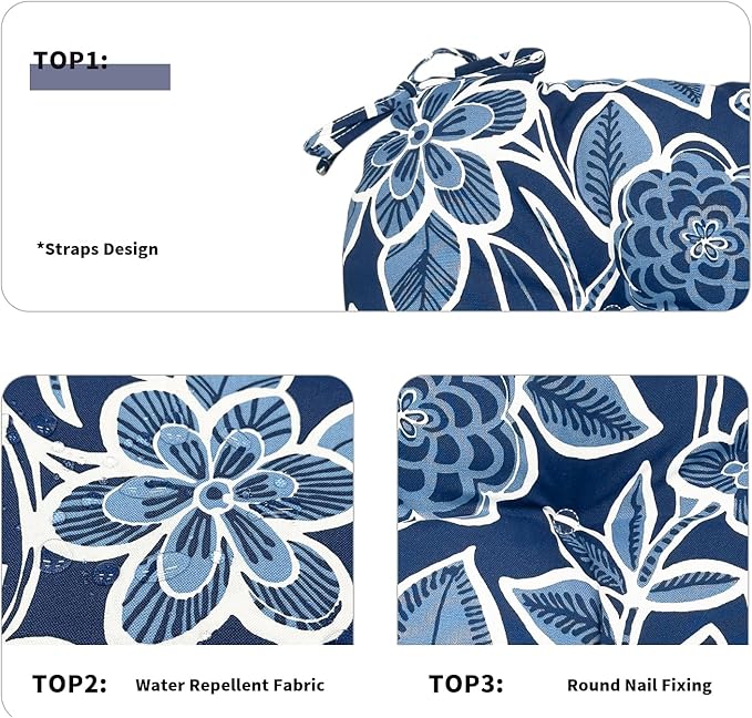 DYTXIII Set of 2 Outdoor Chair Cushions 19"x19"x4", Water Repellent Tufted Patio Seat Cushions with Ties, Thick Replacement Pads for Wicker Dining Chairs, Patio Furniture, Flower Navy