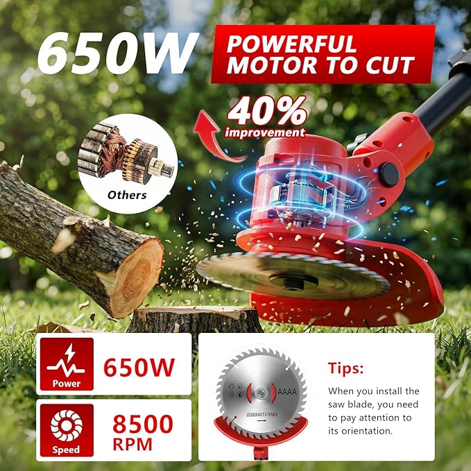 Electric Weed Wacker Cordless with Wheels, 4-in-1 Weed Eater Battery Powered 4000mAh 21V, Brush Cutter/String Trimmer/Grass Trimmer/Lawn Mower with 3 Types Blades, Lightweight Garden Tool, 2 Battery