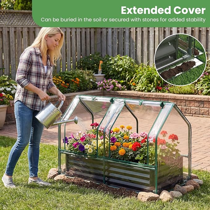 Giantex 4x2x3 FT Galvanized Raised Garden Bed with Greenhouse Cover, Outdoor Elevated Metal Planter Box w/Dual Roll-up Windows, Mini Greenhouse for Patio Balcony Vegetables Herbs Flowers (Black)