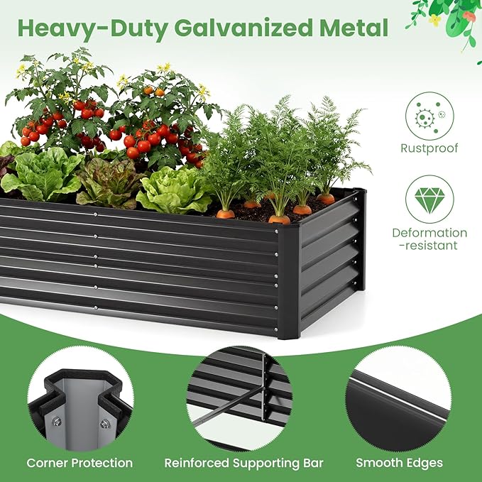 HAPPYGRILL 4 x 2 x 3 FT Galvanized Raised Garden Bed with Cover, Metal Elevated Planter Box with Dual Roll-up Windows for Vegetables Herbs Flowers, Mini Greenhouse for Outdoor Patio Balcony (Black)