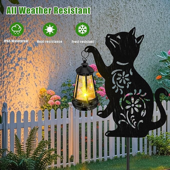 ZFNN Solar Garden Statues Cat Decor - Outdoor Metal Lantern Silhouette Stake, Waterproof Solar Lights for Yard Patio Lawn Pathway Art Decoration, Unique Gardening Gifts for Women Mom Cat Lovers