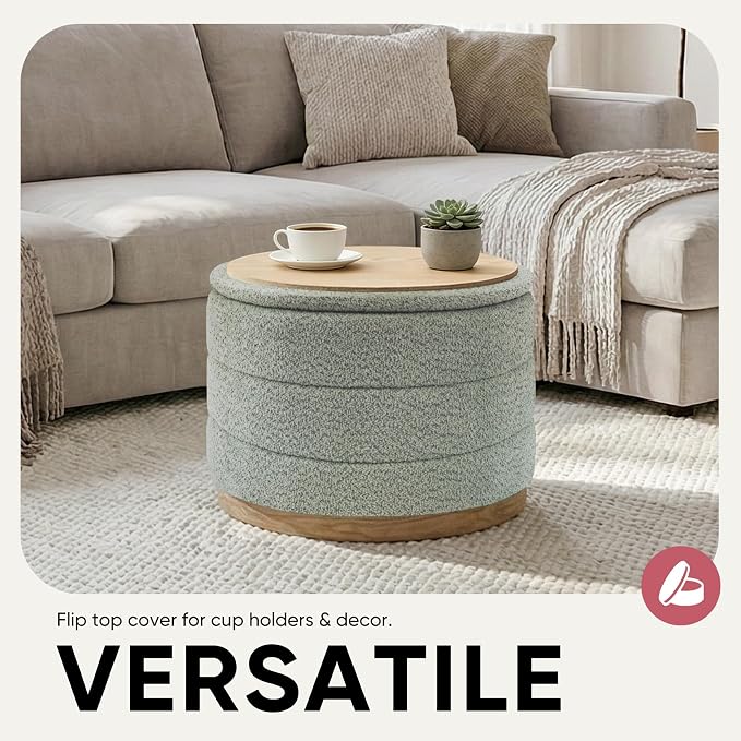 Round Storage Ottoman with Tray, Chenille Folding Foot Rest Coffee tabele for Living Room Bedroom Dorm,Wood Grain Leather