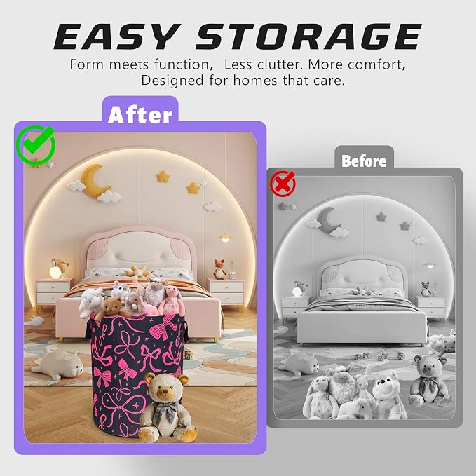 Pink Bowknot Laundry Basket Foldable Oxford Cloth Bow Hamper 18.9 x 16.5 In