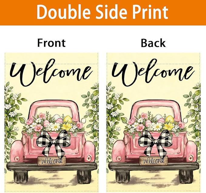 Vintage Pink Truck Garden Flag,12x18 Inch Spring Welcome Floral Design, Decorative Outdoor Double Sided Flag with Buffalo Check Bow, Farmhouse Style