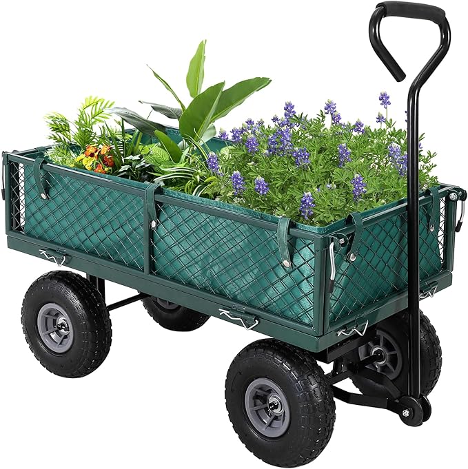 GarveeLife Heavy Duty Steel Garden Cart Folding Utility Wagon with Removable Cart Liner, 500 LBS Capacity