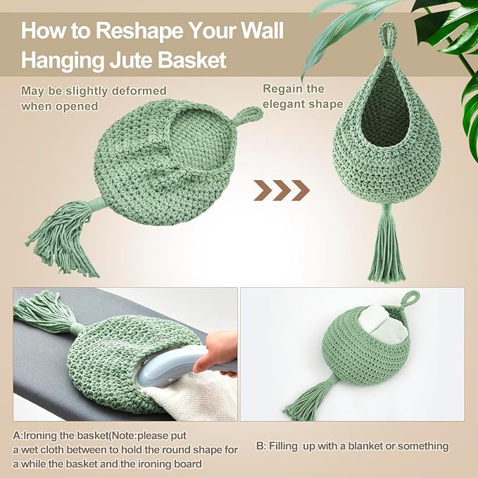 Honeydak 3 Hanging Baskets, Sage Green, Tassel, Cotton Rope | Wicker Wall Baskets with Hooks for Fruit Vegetable Onion Storage, Teardrop Organizer for Kitchen, Boho Farmhouse Decor