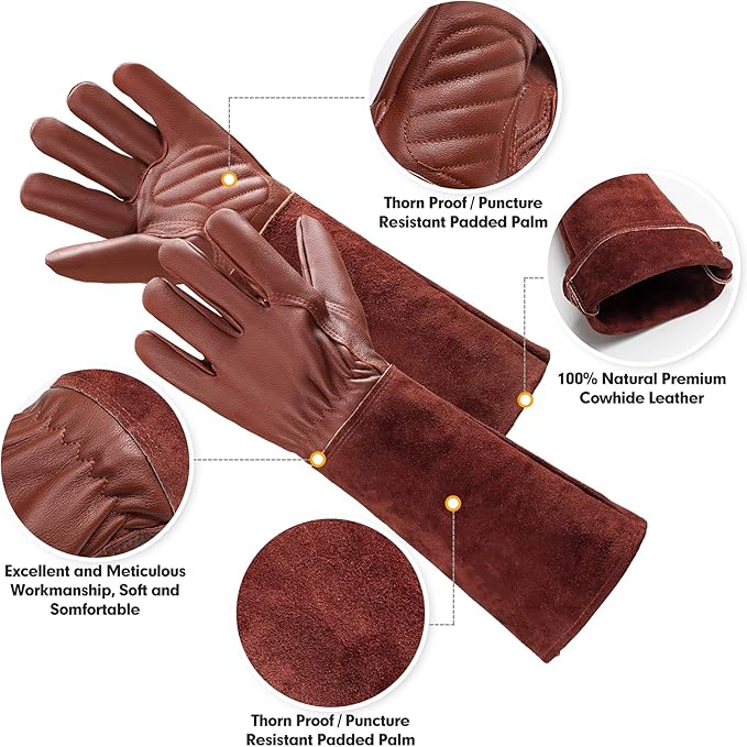 Thorn Proof Gardening Gloves for Men & Women, Long Cowhide Leather Rose Pruning Gloves with Forearm Protection, Puncture Resistant Gauntlets for Cacti, Blackberries & Yard Work(chocolate brown,Medium)