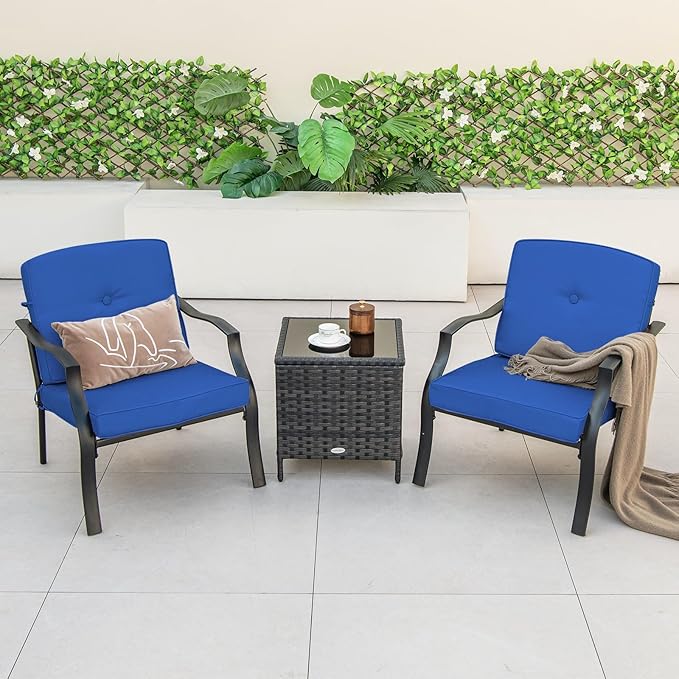 Tangkula 2 Piece Patio Metal Chairs, Outdoor Dining Chairs with Seat & Back Cushions, Heavy-Duty Metal Frame, Ergonomic Patio Sofa Chair for Yard Garden Balcony Poolside (1, Blue)